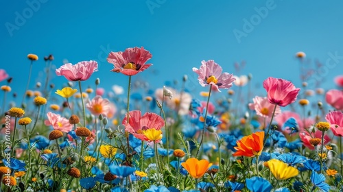 Colorful Flowers in Field Under Blue Sky