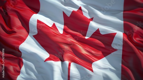 A flag is waving in the wind. It is a red and white flag with a maple leaf in the center. The flag is blowing in the wind and the folds are visible.