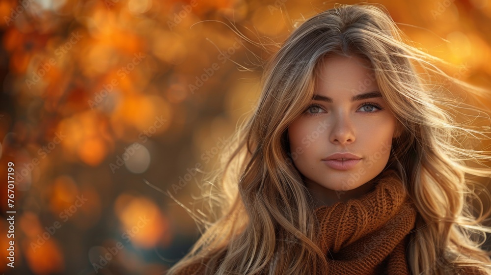a woman with very nice long hair with a premium look, background beautiful fall forest a woman with very nice long hair with a premium look, background beautiful fall forest