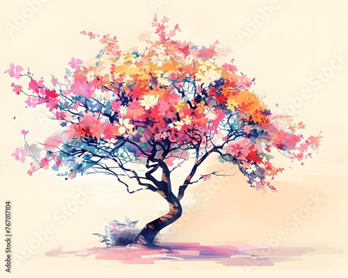 Blossoming Tropical Tree Bursting with Vibrant Floral Hues and Organic