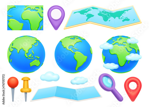 Cartography map and navigation point, travel tip and magnifier, earth globe and clouds isolated on white. Worldwide navigate buttons, place search objects, atlas navigation map