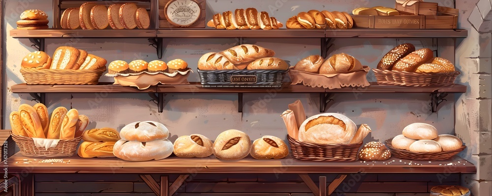 Bakery Shelves Brimming with Freshly Baked Bread and Pastries