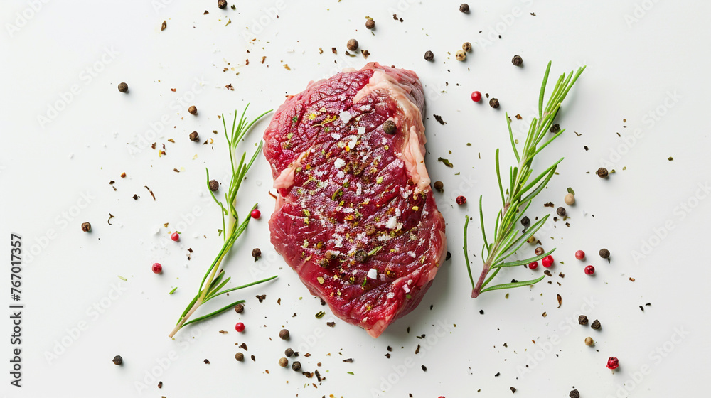 custom made wallpaper toronto digitalTop view of raw beef steak seasoned with spices isolated on white background.