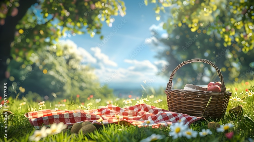 Cozy Picnic Scene with Wicker Basket and Checkered Blanket in Lush Grassy Meadow on Sunny Summer Day Cozy Picnic Scene with Wicker Basket and Checkered Blanket in Lush Grassy Meadow on Sunny Summer Day