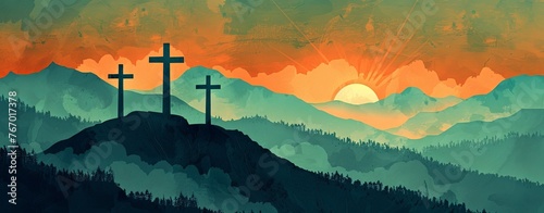 Three crosses on the mountain top, illustration, flat design, orange and teal color palette, digital art style, textured background