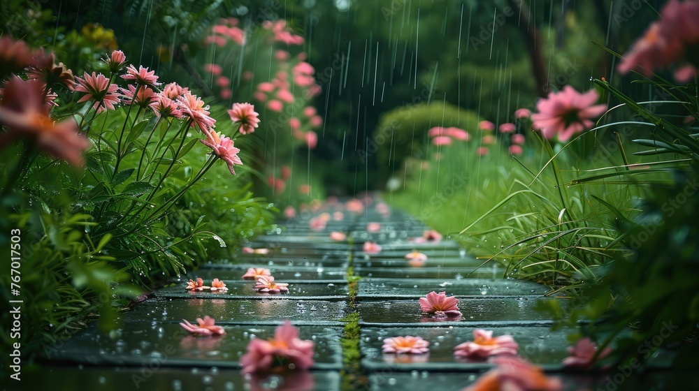 Garden with walkway during spring tall pink flowers and green grass dark rainy scene. Generative AI. - obrazy, fototapety, plakaty 