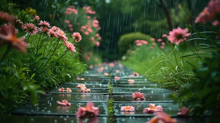 Garden with walkway during spring tall pink flowers and green grass dark rainy scene. Generative AI.