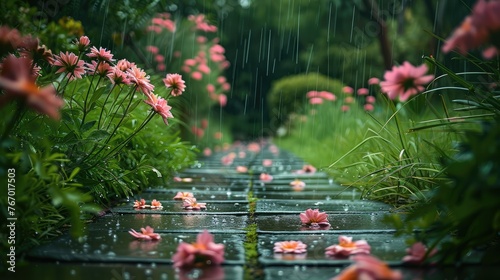 Garden with walkway during spring tall pink flowers and green grass dark rainy scene. Generative AI.