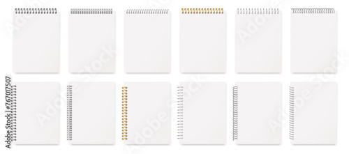 Blank pages of notebook or diary, isolated set of notepads with spiral binder. Vector realistic stationery for school, office or university. Taking notes, sketchbook or worksheet, empty organizer