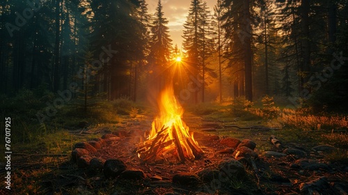 Campfire Burning in Forest Clearing