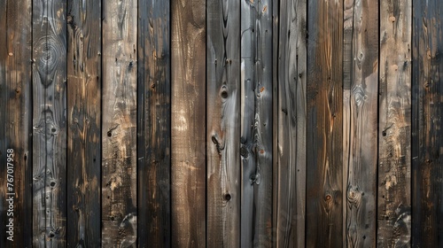 The image is a close-up of a wooden fence. The wood is a dark brown color and has a rough texture. photo