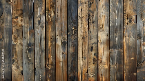 The image is a close-up of a wooden fence. The wood is old and weathered, with a variety of knots and grains.