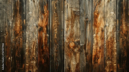 The image is a close-up of a wooden fence. The wood is old and weathered, with a rich, dark brown color. photo