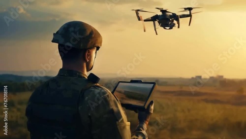 Soldier remotely controls drone flying for enemy surveillance, security forces attack with military copter. War conflict in air and special operation with quadcopter equipment photo