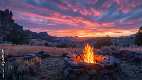 Campfire, Rocks, and Sunset