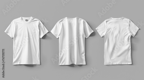 White T-shirts displayed as design templates, front and back, on grey backdrop.