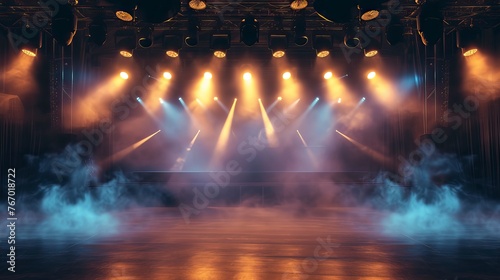 Empty concert stage with illuminated spotlights and smoke