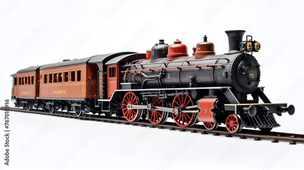 Obraz premium A old rusty train on tracks, rolling on a white background