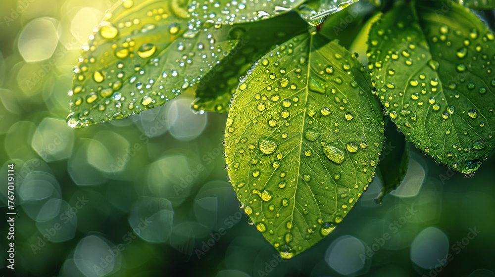 Fresh Green Leaves Adorned With Water Droplets Fresh Green Leaves Adorned With Water Droplets