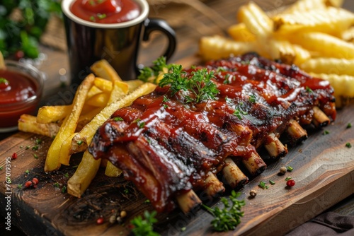 grilled spare ribs on a wooden board, parsley, french fries, ketchup in a mug