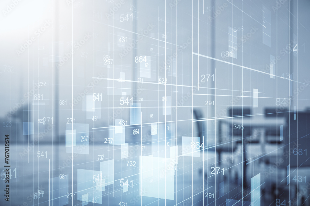 Multi exposure of abstract statistics data hologram interface on a modern furnished office interior background, computing and analytics concept Multi exposure of abstract statistics data hologram interface on a modern furnished office interior background, computing and analytics concept