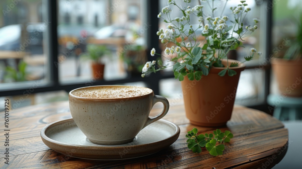 close up photo of a cafe latte on a modern coffee table looking out a large window, green clover flowers in a potted plant on the table
