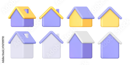 Blank homes with roofs and chimney, empty walls. Vector isolated set of houses, construction buildings in front and side view. Cottage or apartment for living, real estate or housing concept