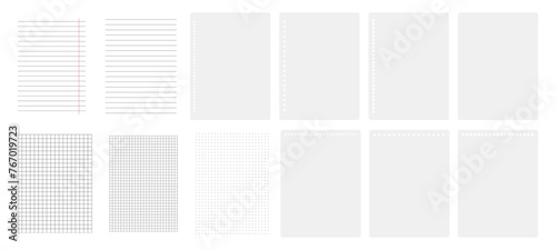 Diary or notebook blank pages with lines, grid and dots. Vector isolated sheets with binder holes on side or top. Notepad or memo organizer, mockup with copy space. Office and school supplies