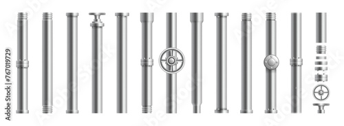 Stainless streel metallic pipeline system for industry, gas or oil refinery. Vector isolated metal parts and connections for plumbing and drain. Valves and repair technology, tubing for home