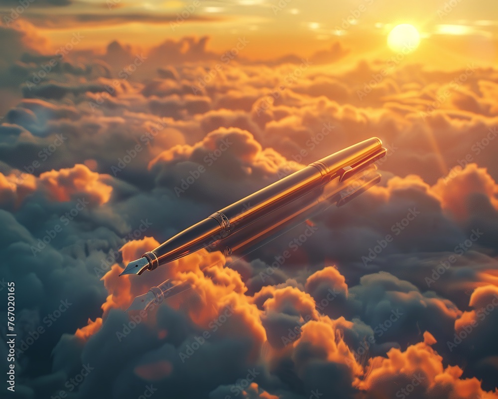 Fountain Pen Soaring Above Clouds at Sunset
 - obrazy, fototapety, plakaty 