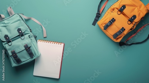Backpack and Notebook on Blue Background