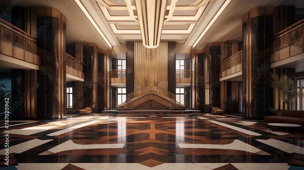 Art deco skyscraper lobby with geometric patterns and rich materials.