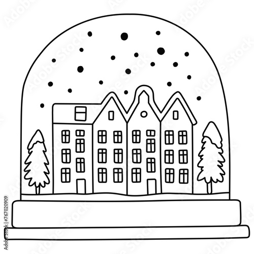 Vector line illustration of Snow Globe. Hand-drawn glass winter balls with city houses and a Christmas-decorated tree. Isolated SVG for Cricut