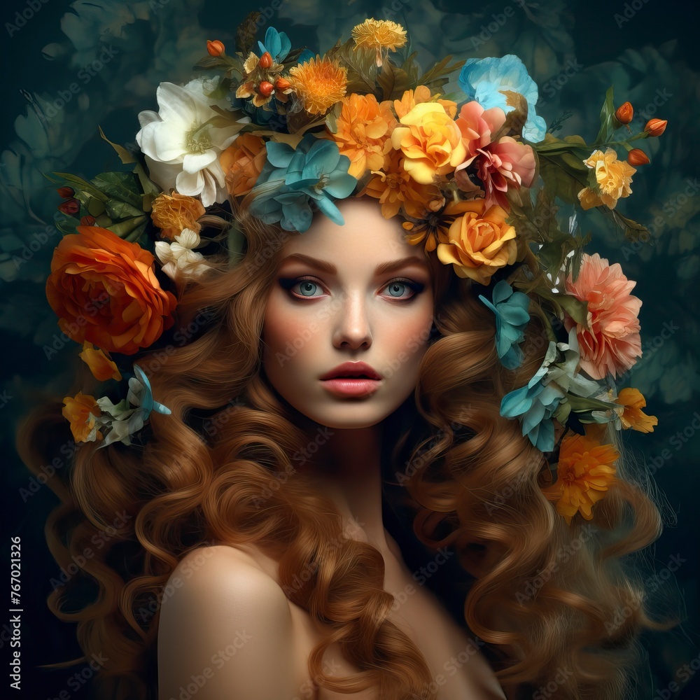 Female portrait with flowers in her head. Creative background with stylish woman
