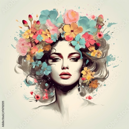 Female portrait with flowers in her head. Creative background with stylish woman © CREATIVE STOCK