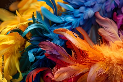 An assortment of vibrant feathers arranged in a gradient of colors, showcasing nature's delicate artistry. Text: "Whispers of flight, colors of the wind