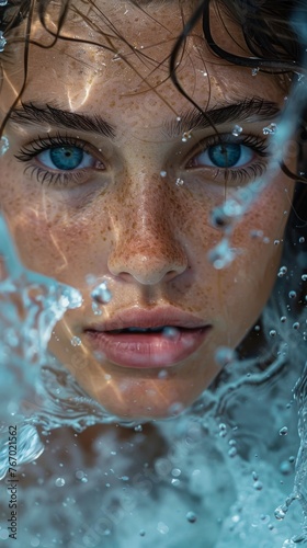 Close up portrait of girl with water splashes, surfing © Denis