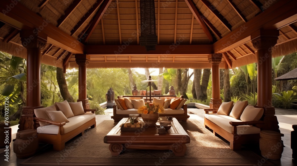 Balinese-inspired outdoor living room pavilion with soaring thatched ceilings carved wood pillars and pebble courtyard.