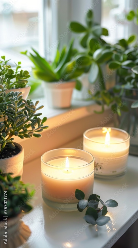Candle light with houseplants and succulents on table Candle light with houseplants and succulents on table