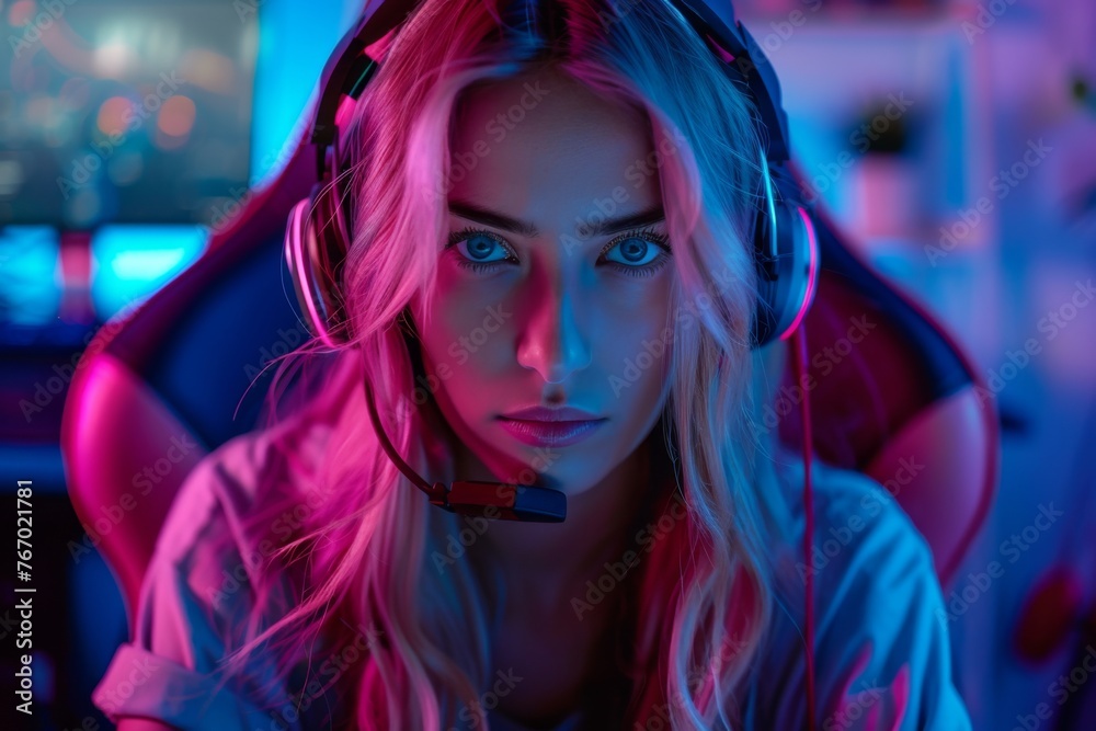 Fototapeta premium selective focus of young woman in headphones looking at camera while playing online videogames
