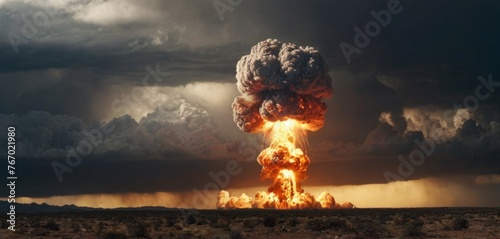 Nuclear boms. Atomic bomb explosion on landscape with copy space. Political issue,weapon,war concept