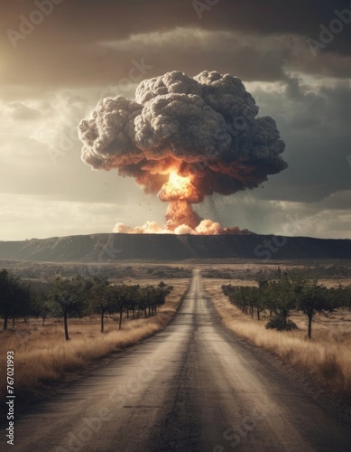 Nuclear boms. Atomic bomb explosion on landscape with copy space. Political issue,weapon,war concept