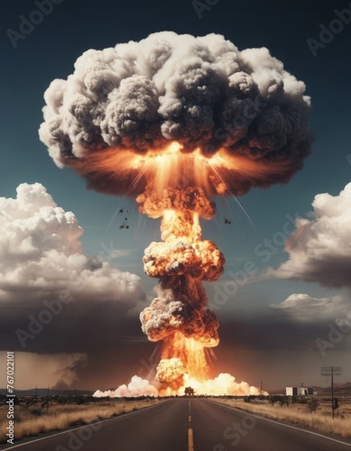 Nuclear boms. Atomic bomb explosion on landscape with copy space. Political issue,weapon,war concept photo