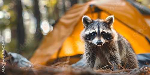 Curious Raccoon Rummaging Through Campsite in Wilderness Adventure