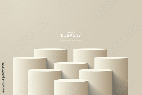 Empty cream room with set of eight steps 3D cylinder podium pedestal or product display stand. 3D vector geometric platform design. Minimal wall scene for mockup. stage for product presentation.