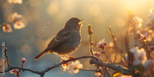 A singing bird atop a morning branch with a blooming melody and warm dawn light copy space for text photo