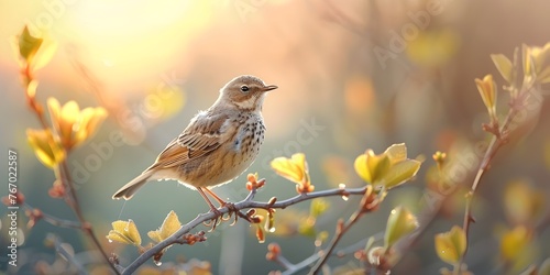 A Singing Bird Perched on a Vibrant Morning Branch Melody and Dawn in Soft Autumnal Light