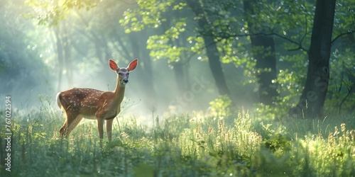 Gentle Deer Stands in Misty Forest Glade Peaceful Natural Scenic Landscape © Thares2020