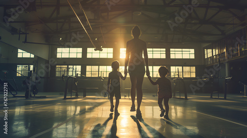 Cinematic photograph of a mother holding hand of two children  at the gym . Mother's Day.