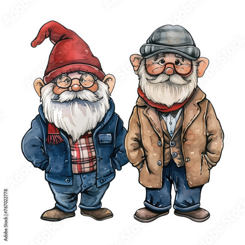 Two gnomes are standing next to each other, one wearing a blue jacket